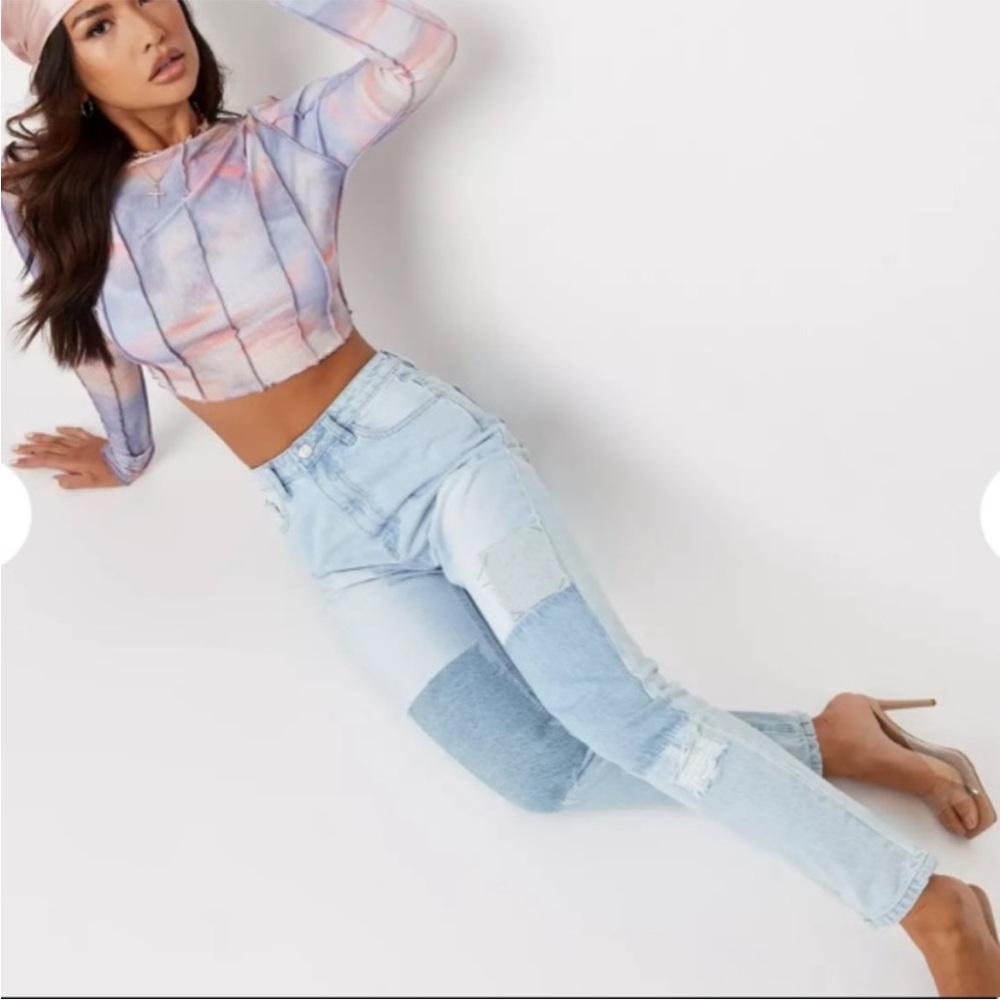 Misguided High Rise Patchwork Distressed Jeans Si… - image 1